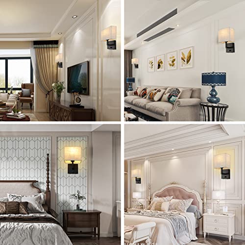 Wkeessee Bedside Wall Mount Light With Dimmer Switch And Two Usb Charging Port, Fabric Linen Shade Wall Sconces Light With Plug In Cord, Black Wall Lamp Perfect For Bedroom, Living Room And Hotel #TOP6