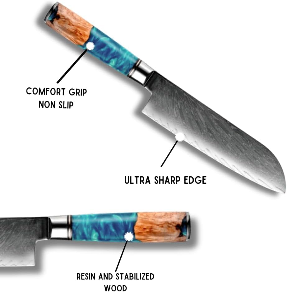SHOKUNIN USA Kerie Santoku Knife, Damascus Chef Knife, Sharp, Chef Kitchen Utility - Vg10 Stainless Damascus Chopping Knife - River Resin & Stabilized Wood Professional Razor Sharp Japanese Knife - Image 3