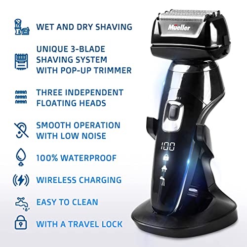 Mueller Electric Razor for Men, 5-Element Cutting System, Wet/Dry, Rechargeable, Precision Trimmer, LED, 40,000 Cross-Cutting Actions/Min for Closest Shave