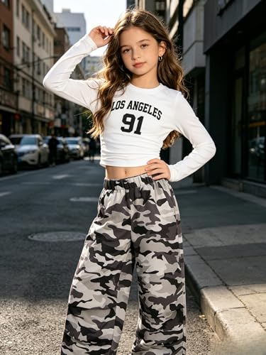 Image of Yoxindax Girls Clothes Tween Girl Outfits Long Sleeve Ruched Top Botanical Print Relaxed Pocket Pants Set
