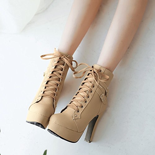 Susanny Women Autumn Round Toe Lace Up Ankle Buckle Chunky High Heel Platform Knight Beige Martin Boots 10.5 B (M) US (CN Size_43) - Thumbnail 7