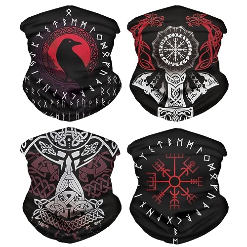 JooMeryer 4 Pack Northern Europe Viking Totem Seamless Rave Bandana Face Mask for Men Women Neck Gaiter Scarf Dust Wind Balaclava Headwear,Red Viking 4pcs