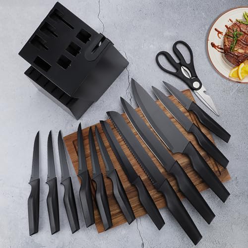 Knife Set, 14Pcs Kitchen Knife Set with Block Self Sharpening, High Carbon Stainless Steel Ultra Sharp Knives for Kitchen, 6 Steak Knives, Anti-slip Handle, Black, Elegant Gifts (Black) - image 5