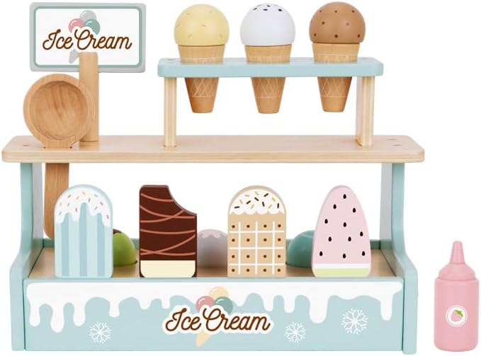 Wooden Ice Cream Shop Play Set for Kids – Pretend Play Dessert Stand with Cones, Popsicles, Scooper & Menu Board – Montessori Role Play Toy for Toddlers Age 3+