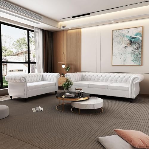 Image of WOODEN WORLD Modern & Classic Leather Sofa Set - Luxurious Comfort, Stylish Design, and Durable Build (White, 3+2 Seater)