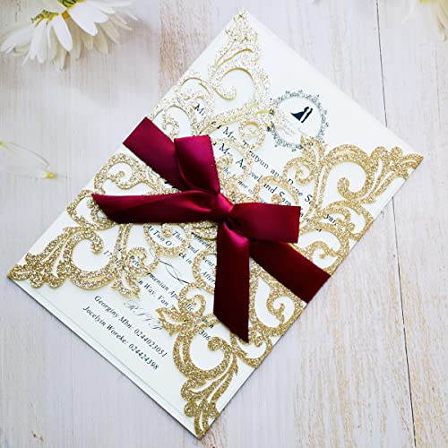 Tarjetas de invitaciones de boda de champán de 5x7.3 pulgadas con lazo cortadas a láser 2