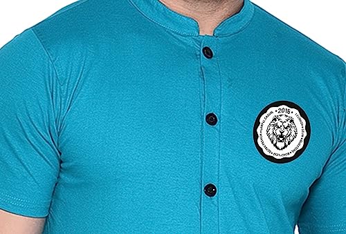 Image of Geum Men's Mandarin Collar Shirt with Graphic Print| Short Sleeve Cotton Blend Slim Fit Casual Shirt for Men