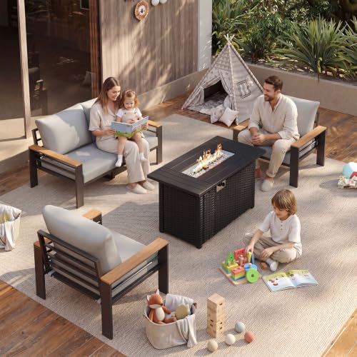 Image of Aoxun Patio Furniture Set, Aluminum Patio Set with Fire Pit Table and 5 inch Thicken & Washable Cushion, Waterproof Outdoor Furniture, Outdoor Couch Sectional for Backyard (4 Seats /F, Grey)