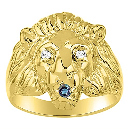 Image of Rylos Lion Head Ring Color Stones Eyes & Diamond Mouth - Fun Designer Rings in Sizes 8-13 in Yellow Gold Plated Silver
