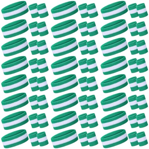 Image of 72 Pcs Bulk Striped Sweatband Set Include 24 Pcs Sweat Absorbing Striped Headbands and 48 Pcs Sweatbands Wristbands Cotton Athletic Sweat Bands for Men Women Gym Sports Workout