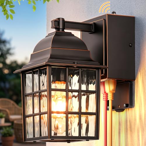 Image of Gleamz Dusk to Dawn Outdoor Porch Light with GFCI Outlet, Farmhouse Oil Rubbed Bronze Gold Trim Exterior Garage Lighting Fixtures Wall Mount for House, Anti-Rust Waterproof Outside Wall Sconce Lantern