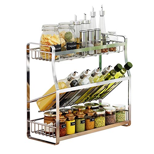 Stainless Steel Spice Rack with Jars & Utensil Holder Kitchen & Bathroom Shelf Space Saving Storage Solution (Silver 35 x 18 x 40 cm)