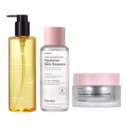 Hanskin Glass Essentials Set – PHA Pore Cleansing Oil, Hyaluron Skin Essence & Moisture Cream | Hydration, Pore Care & Exfoliation for All Skin Types | Korean Skincare Set, K-Beauty