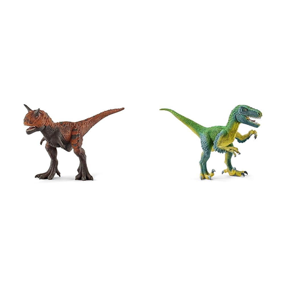 SCHLEICH Dinosaurs 14586 Realistischer Carnotaurus Dino & Dinosaurs 14585 Realistische Velociraptor Dino Figur mit Beweglichem Kiefer