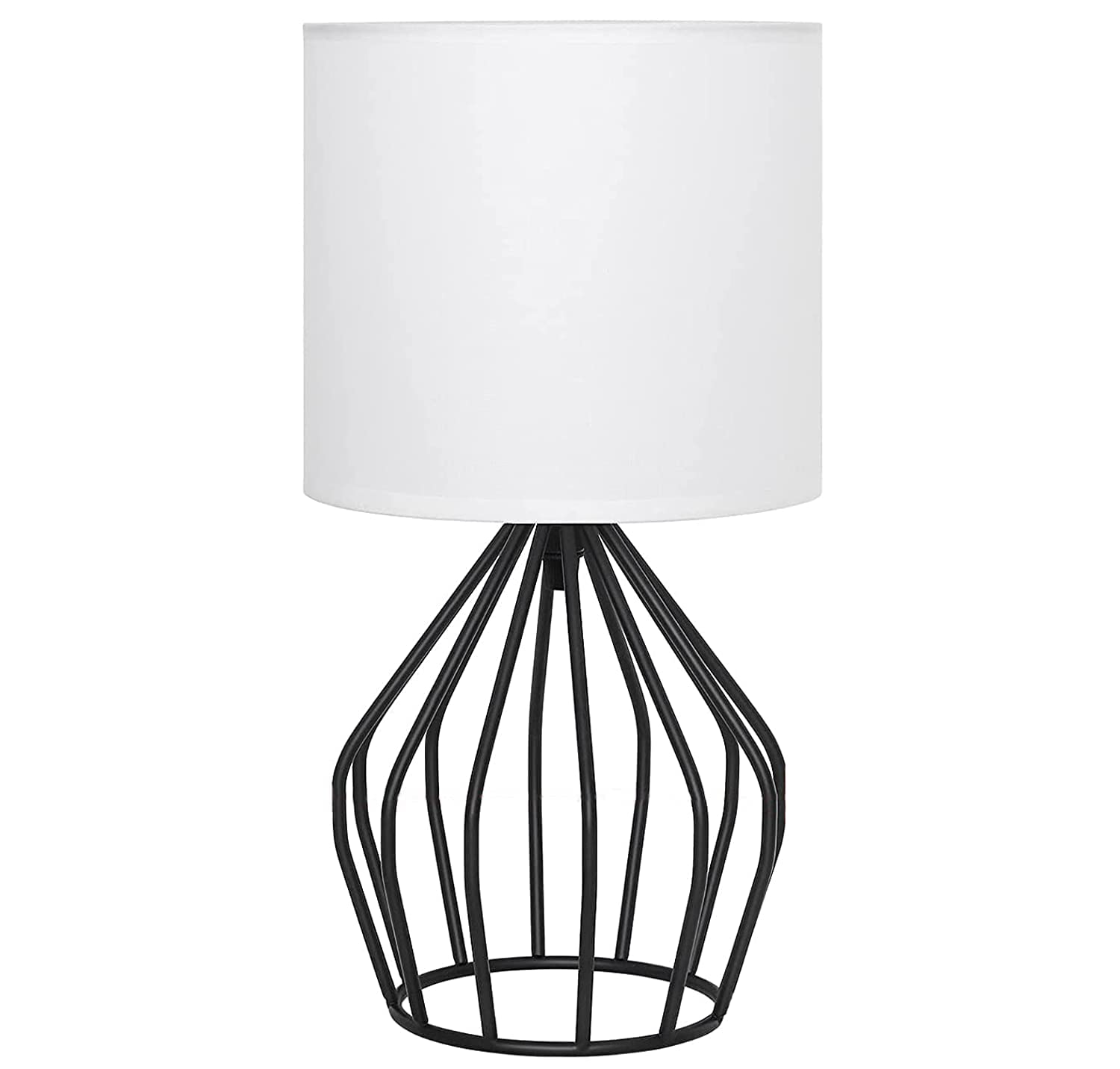 HAITRAL Modern Bedside Table Lamp - Minimalist Small Lamp with Hollowed Out Base Linen Fabric Shade,Metal Nightstand Lamp for Bedroom Living Room Side Table Desk Kids Room- Black/White