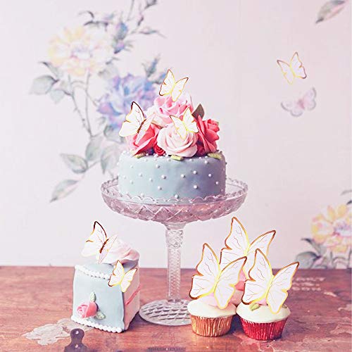 Cyodoos 30Pcs White Gold Edge Mixed Size Lively 3D Butterfly Cupcake Topper For Girls Women's Happy Birthday Wedding Party Cake Wall Party Food Decorations #TOP4
