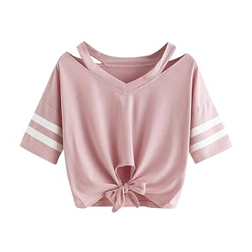 Amazon.com: Pole-Trees Blusa floja sólida a rayas manga corta cuello en V  mini camisetas lazo frontal nudo casual Tops : Ropa, Zapatos y Joyería