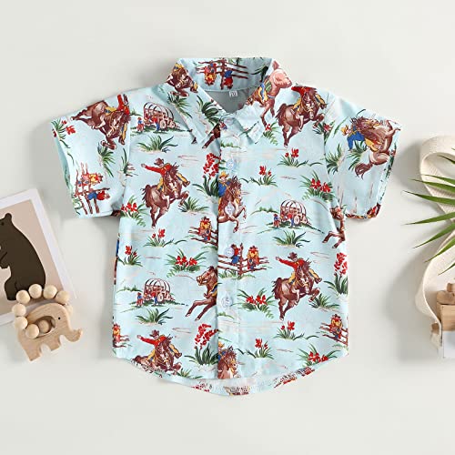 Toddler Baby Boy Western Clothes Button Down Dress Shirt Short Sleeve Lapel Neck Shirt Tops Cowboy Tee Summer Clothes (Blue Short Sleeve, 3-4 Years) #TOP1