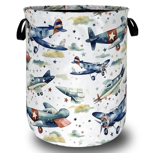 Image of Watercolor Plane Laundry Basket Foldable Cartoon Laundry Hamper Oxford Cloth Plane Printed Colorful Tote Bag Clothes Toy Storage Bucket For Bathroom/Laundry Storage/Bedroom 18.9x16.5 Inch