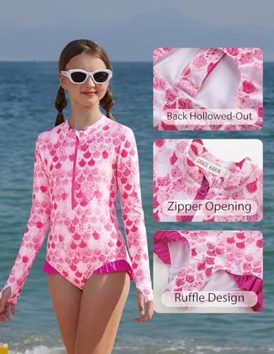 Image of GRACE KARIN Girls One Piece Swimsuits Long Sleeve Bathing Suits Swimwear 5-14Y