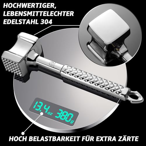 Fleischklopfer Edelstahl spülmaschinenfest - Original Design - Doppelseitiger Schnitzelklopfer ideal für Schnitzel, Koteletts, Steaks - Fleischhammer mit 5 Jahre Garantie