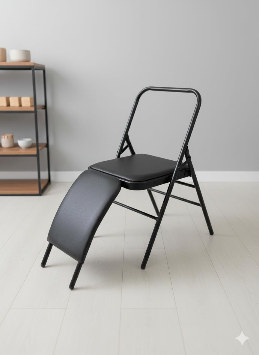 The Yogis Iyengar Yoga Chair with Lumbar Support, Foldable Metal Frame, Black Leather Cushion,