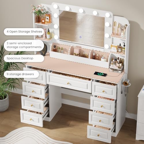 Image of Vanity Desk with LED Light Mirror Makeup Vanity with 9 Drawers, White