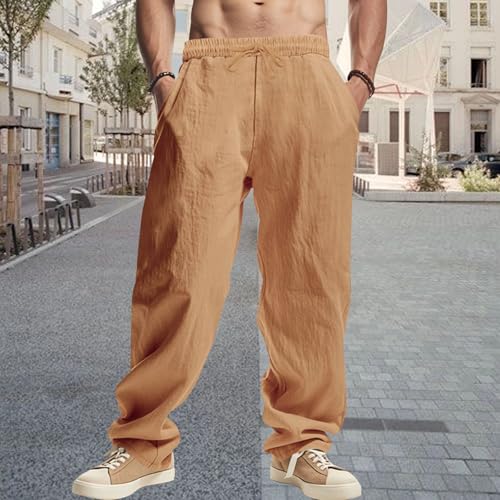 Oversized Linen Trendy Drawstring Straight Sweatpants for Men Summer Casual Beach Wide Leg Pants with Pockets3