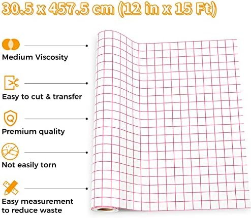 IModeur Transfer Tape for Vinyl, 12" x 15Ft (30.5 x 457cm) Clear Vinyl Transfer Paper Tape Roll with Red Grid for Permanent Vinyl and Self Adhesive Vinyl for Cricut, Signs Stickers, Car Decals