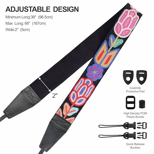Image of Padwa Lifestyle Colorful Crochet Camera Strap - 2 inch Full Grain Leather Ends Camera Straps for Photographers, Vintage Woven Cotton Soft Suede Fabric Padded Strap with Quick Release fits All Cameras