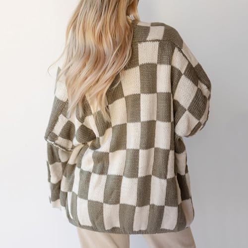 Image of Womens Checkered Cardigan Sweater Loose Long Sleeve Open Front Sweater Knit Coat Casual Oversized Plaid Cardigan Tops