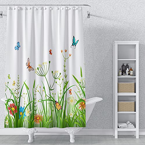 AWERT 90x183cm Fleurs Sauvages Rideau De Douche Printemps Plantes Naturelles Fleurs Vert Herbe et Papillons Rideau De Douche pour Salle De Bain Tissu Polyester Imperméable Ensemble avec Crochets Cover