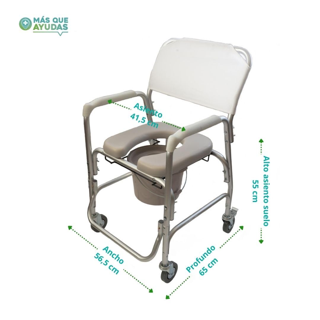 Silla de inodoro de aluminio con ruedas.Acolchada
