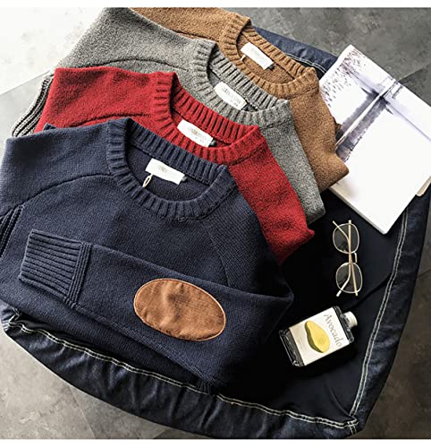 CORIRESHA Winter Vintage Men's Sweater Crew Neck Elbow Patch Thick Knit Sweater4