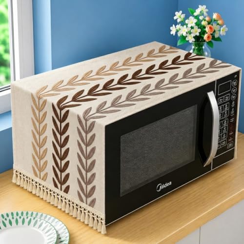 Image of Premium Cotton Microwave Oven Cover | Elegant Embroidered Leaf Design with Decorative Tassel Fringe | Dustproof Washable Kitchen Appliance Protector | Appliances Cover | 100 x 35 CM (Coffee)