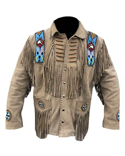 Classyak Men's Western Fringed & Bone Eagle Beaded Suede Leather Jacket