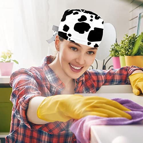 Image of 2 PCS Bouffant Cap with Button Ponytail Pouch Working Cap Sweatband Adjustable Surgical Cap Black and White Cow