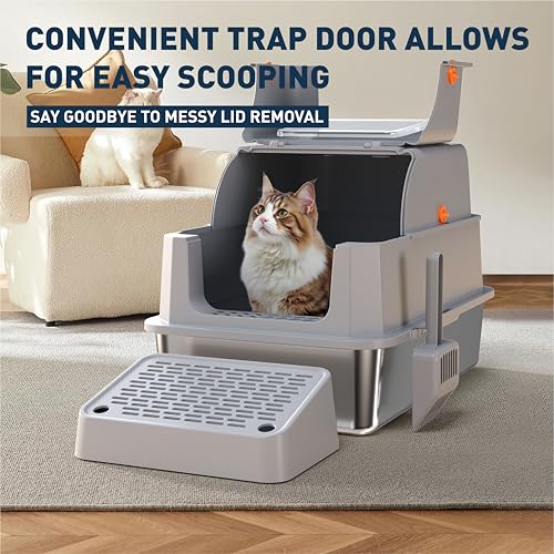 Arenero para gato de acero inoxidable con tapa grande miniatura 6