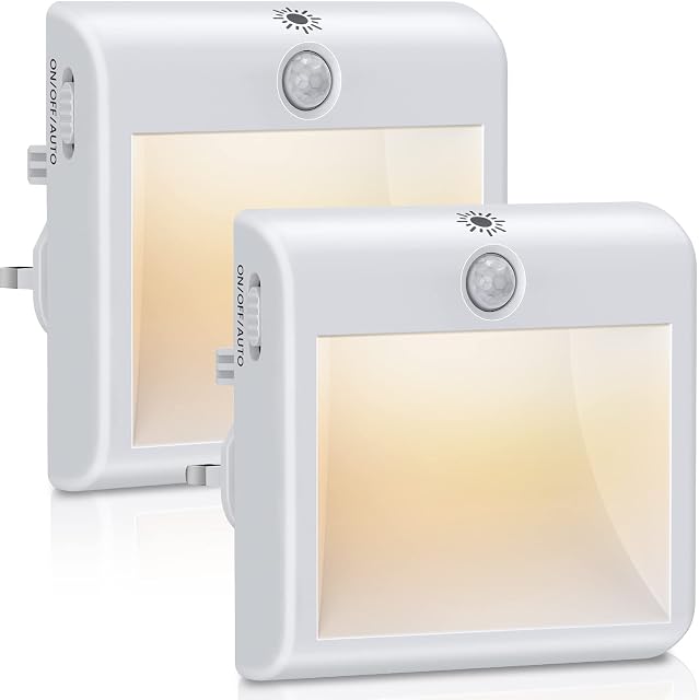 Night Light Plug in Wall, 2 Pack Plug in Night Light with Dusk to Dawn Photocell Auto Sensor, Dimmable, Energy-saving, Sleep-friendly, Warm White LED Night light for Hallway, Stairs, Kitchen, Bedroom