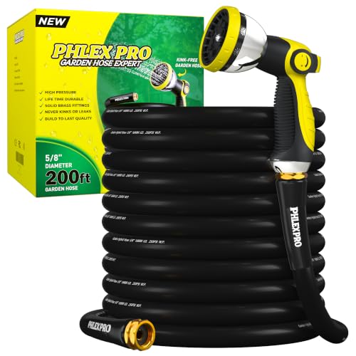 PHLEX PRO 200 FT Heavy Duty Garden Hose, 5/8 in Rubber Water Hose, Black