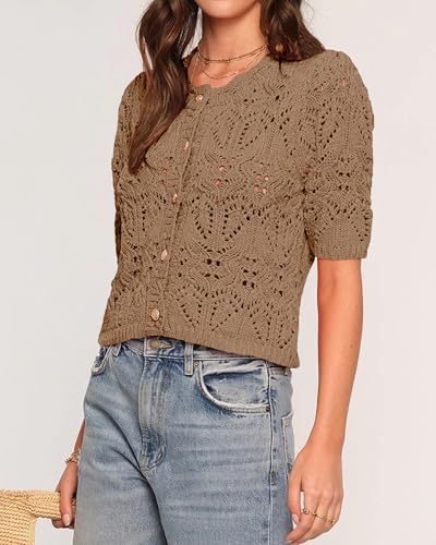 Womens Fall Crochet Cardigan Tops Short Sleeve Casual Knit Blouses Hollow Out Crew Neck Button Down Sweater Shirts2