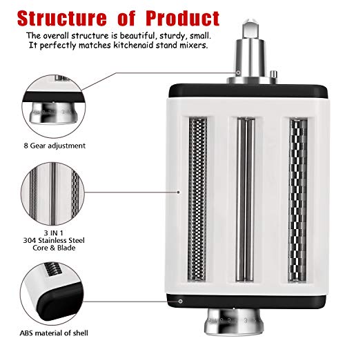 Pasta Maker Attachment For All Kitchenaid Mixers, Noodle Ravioli Maker Kitchen Aid Mixer Accessories 3 In 1 Including Dough Roller Spaghetti Cutter Fettuccine Cutter - Homemade Fresh Pasta Easily! #TOP5