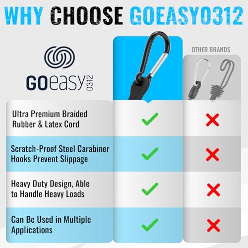 Image of GOEASY0312 Heavy Duty Bungee Cords with Carabiner 12 inch 18 inch 24 inch, 6PCS Black | 200 LBS Max Break Strength, UV Resistant, Locking Carabiner Hooks, Double-Braided Latex & Rubber