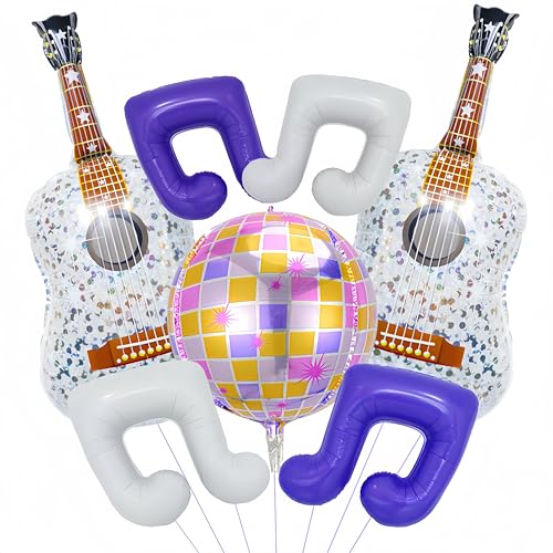 Image of 7Pcs Purple Music Note Guitar Balloons for Korean Idol Demon Hunters Singer Fans Party Decoration/Tayl Popular Singer Birthday Decor/Huntr Concert Guitar Balloon/4D Disco Rock & Pop Theme Decor