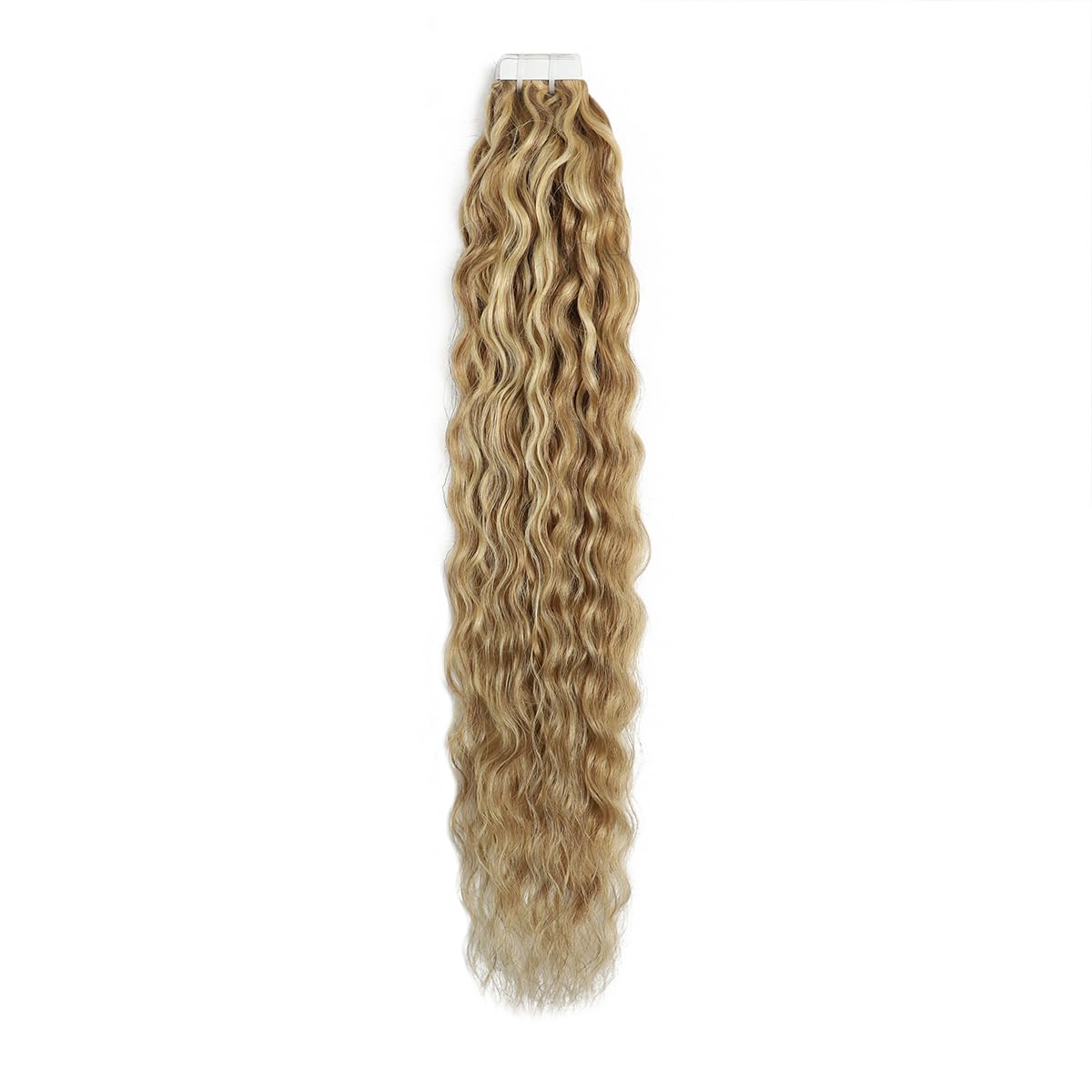Extensiones adhesivas de pelo natural rizado suelto, con mechas rubias y marrón, onda natural Remy con cinta P8/613# 20 piezas, 50 g 45 cm/18 pulgadas
