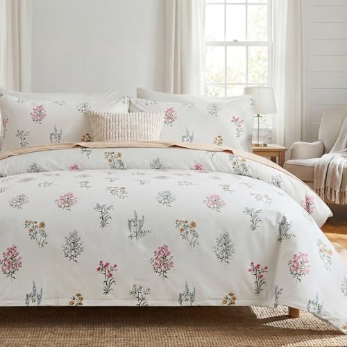 Cozaline 100% Washed Cotton Duvet Cover Twin Size - Linen Like Reversible Durable Soft Floral Duvet Cover Sets, 2 Pieces White Comforter Cover with Zipper Closure