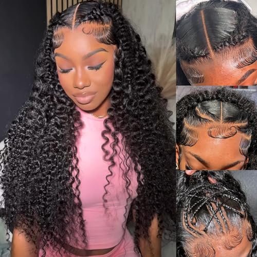 Bling Hair Princess Bling Hair 16 Inch Deep Wave Lace Front Wigs Human Hair 200 Density 13x6 HD Transparent Lace Deep Curly Lace Frontal Wigs Natural Black Curly Human Hair Wig Pre Plucked