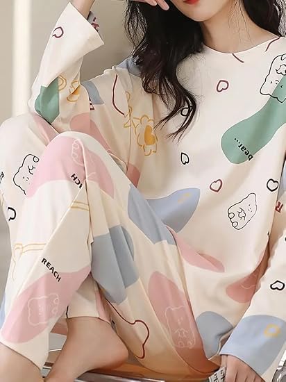 Image of Women's Pajama Set with Top & Pants|| Korean Night Wear|| Loose Fit Home Wear || Lightweight Printed Set || Soft & Comfy Girls & Women
