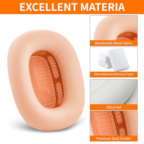 Image of Replacement Ear Cushions for Apple AirPods Max 1&2 Upgraded Memory Foam Pads with Durable Fabric,Sound Insulation and Noise Reduction,Strong Magnetic Fit,Sweat-Resistant,Breathable Comfor(Orange)