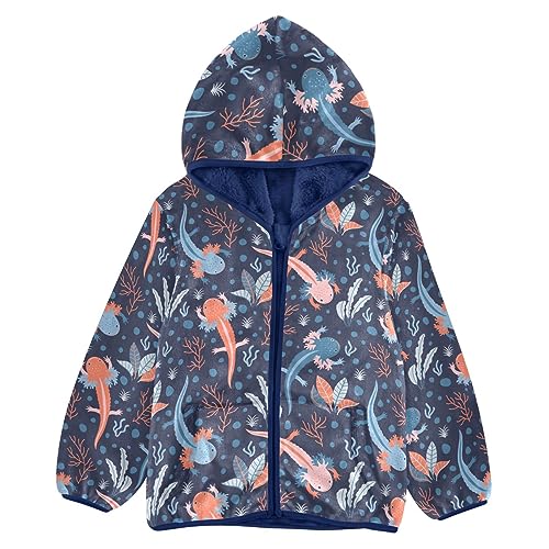 Cartoon Axolotl Boys Fleece Hoody Jacket Zip Up Coat Warm Fall Winter Plush Jacket Long Sleeve Outerwear